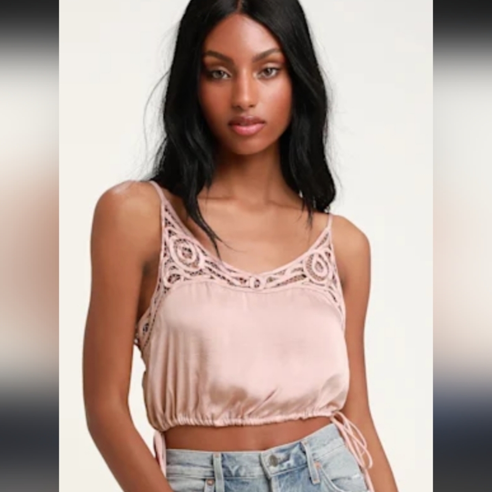 Intimately Free People Blouson Pink Satin Crochet Lace Cropped Tank NWOT Sz L
